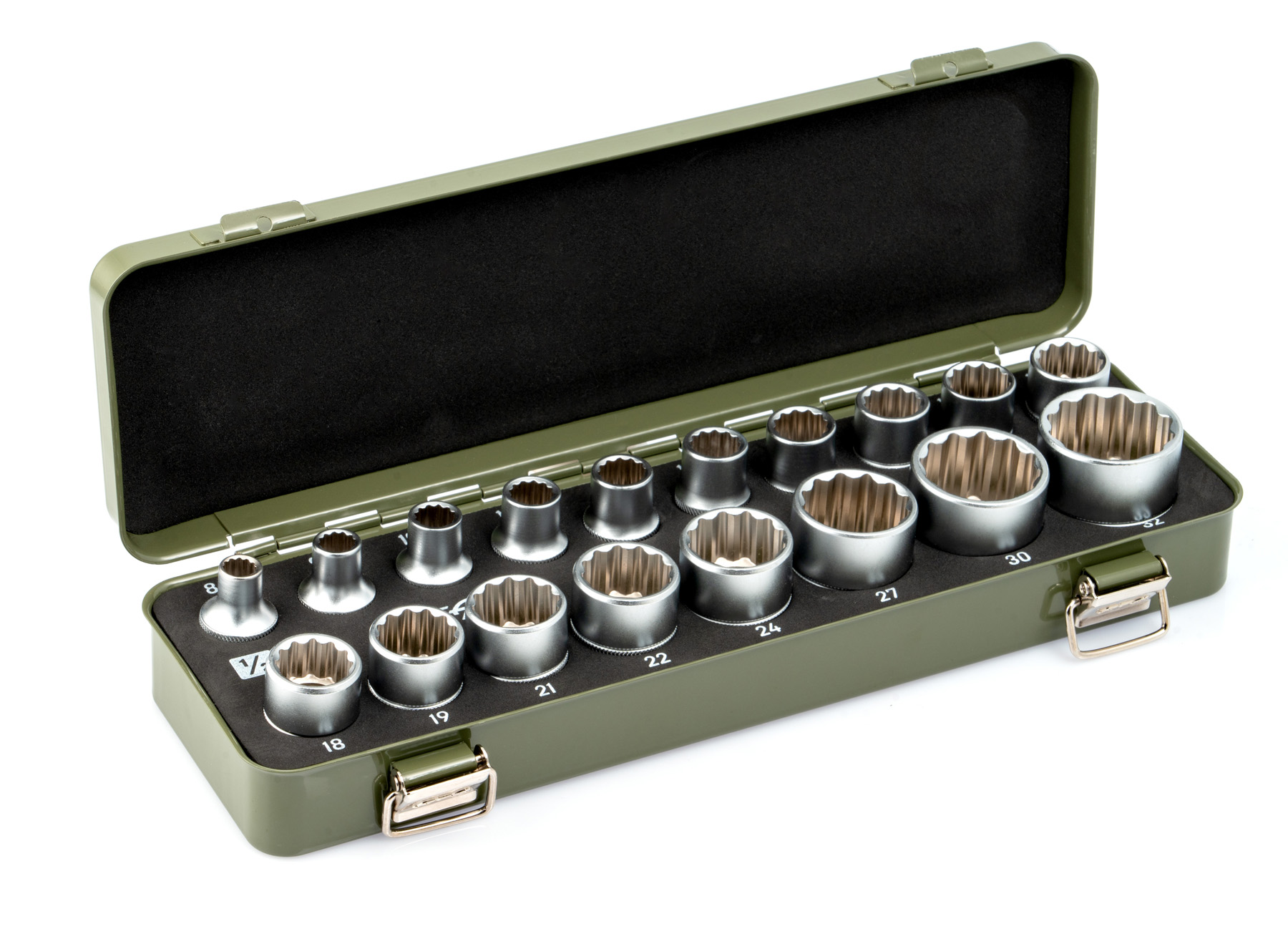 Набор головок двенадцатигранных 1/2" в металлическом кейсе, 18 штук