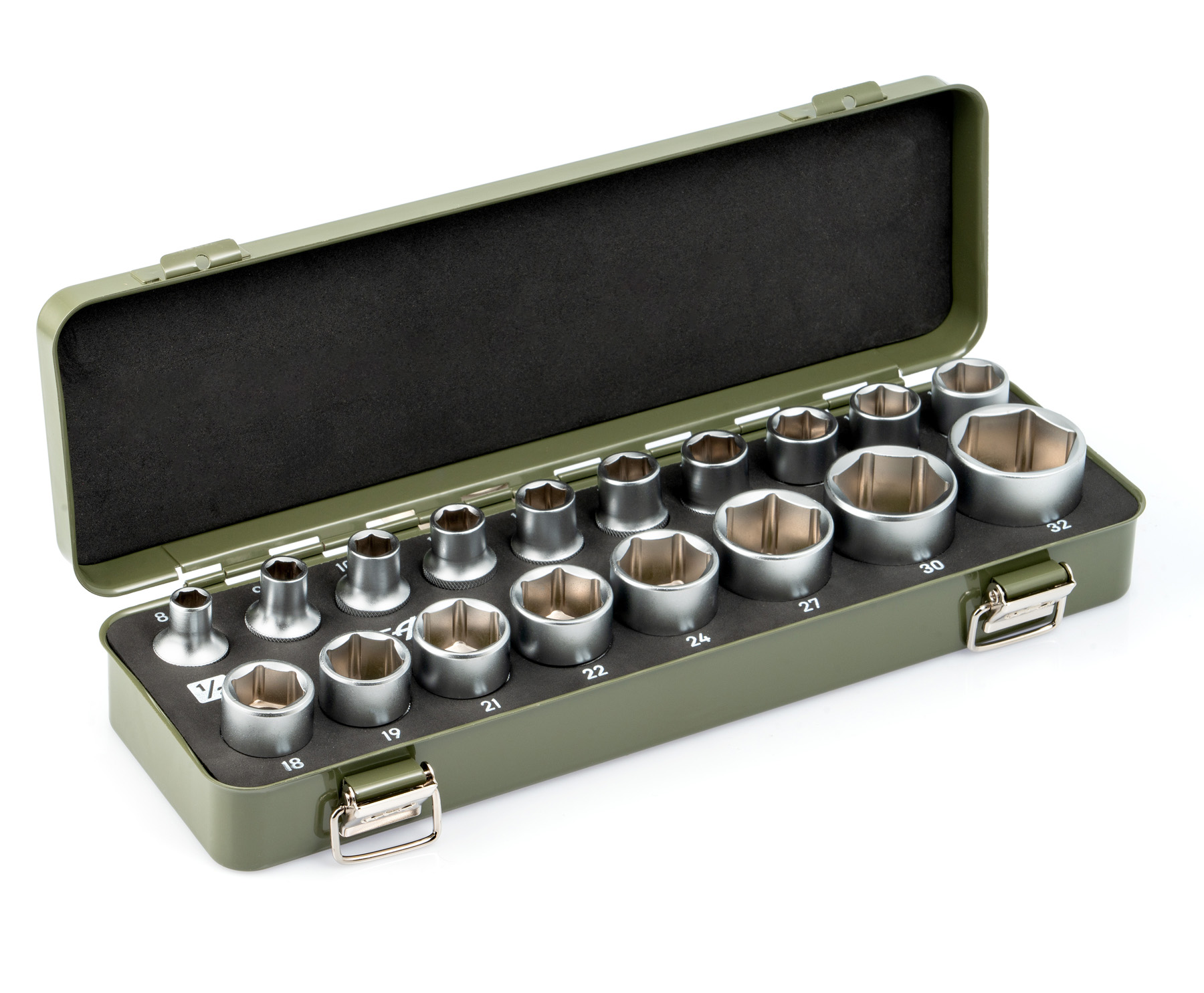 Набор головок шестигранных 1/2" в металлическом кейсе, 18 штук